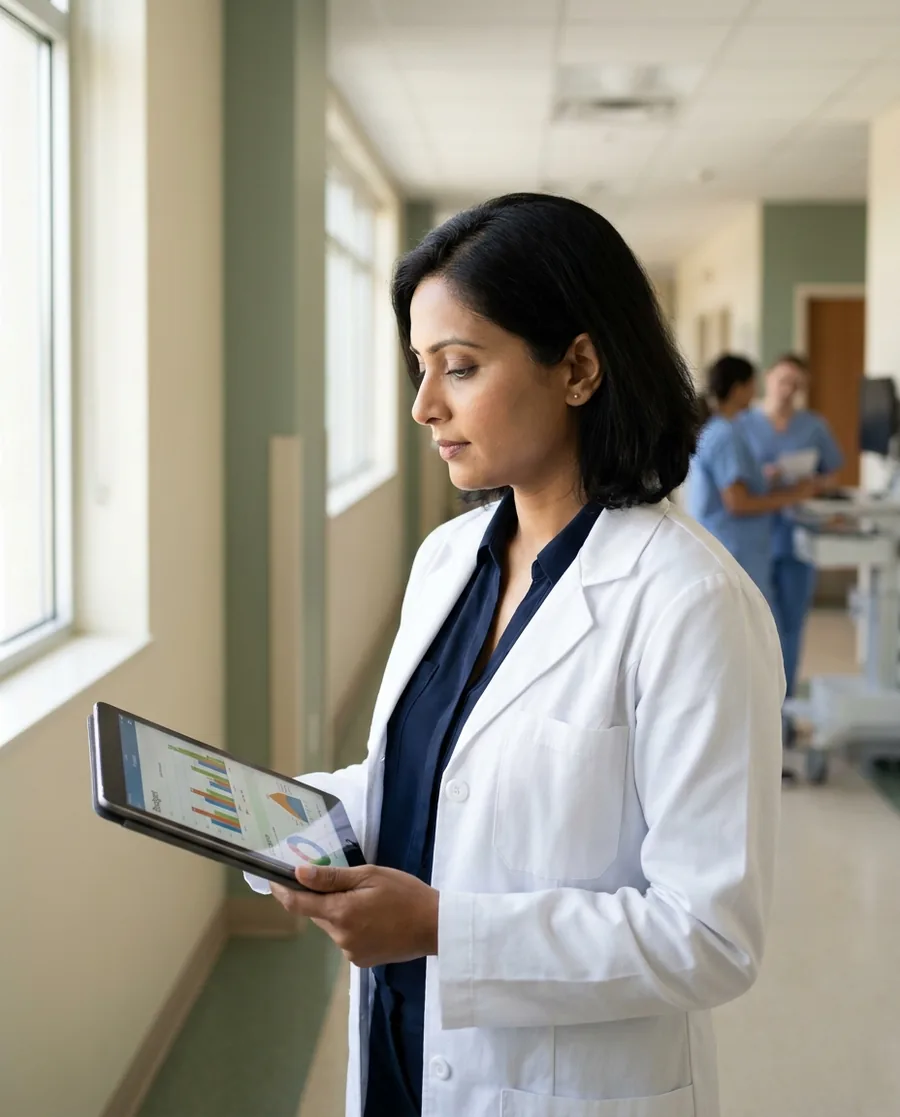 A physician-economist reviewing budget data on a tablet in a hospital corridor